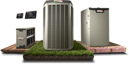 Three outdoor air conditioners on grass and brick bases, shown in different sizes and colors.