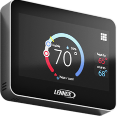 Lennox smart thermostat with black screen showing 70°, blue and red temperature arcs, and heat/cool settings