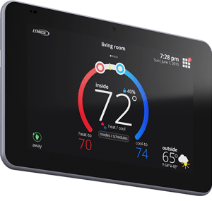 Smart thermostat display showing 72°F in a living room, with red and blue temperature controls and weather info.