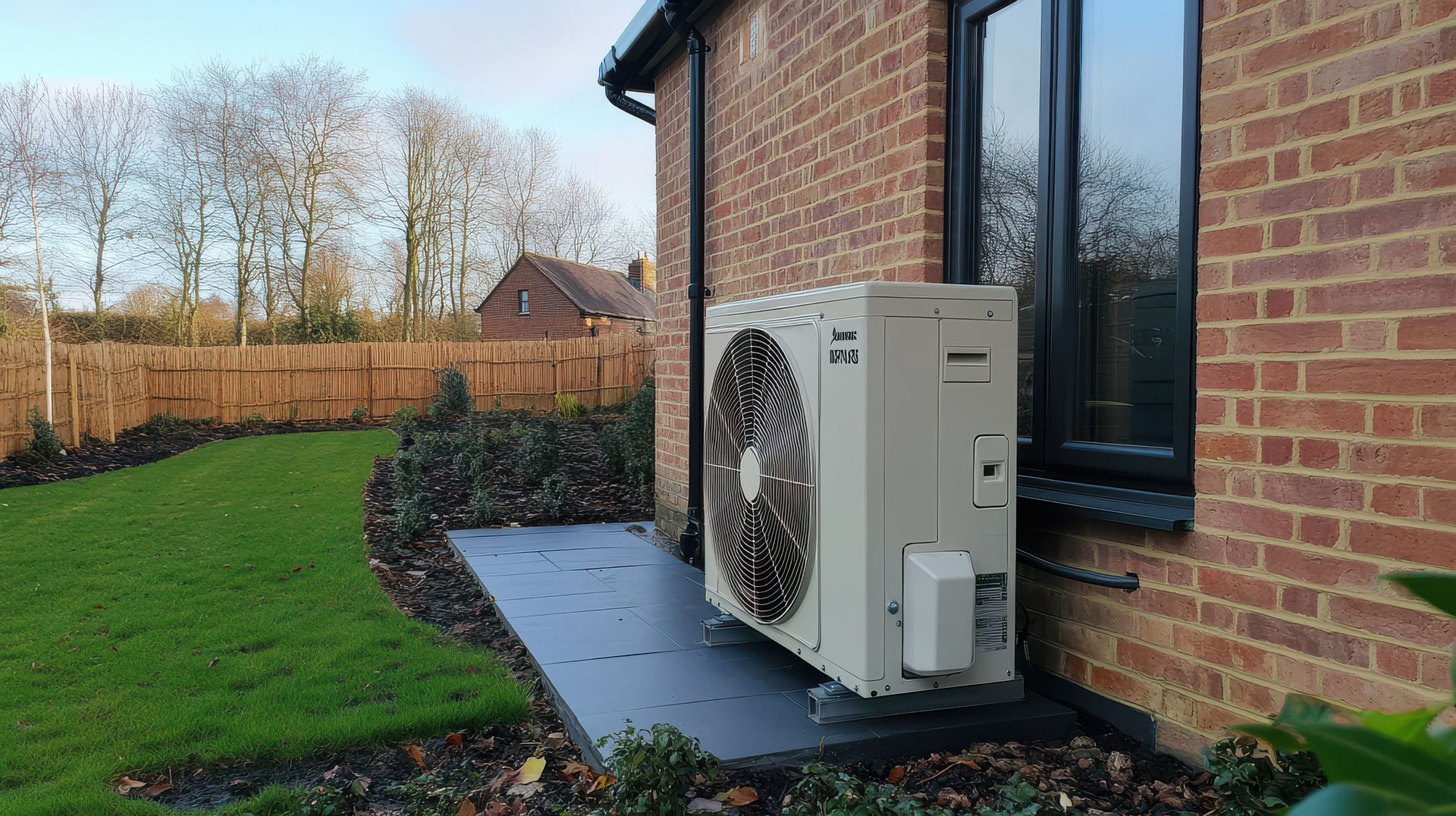 Outdoor heat pump unit beside a brick house with a wet patio and green lawn in the yard