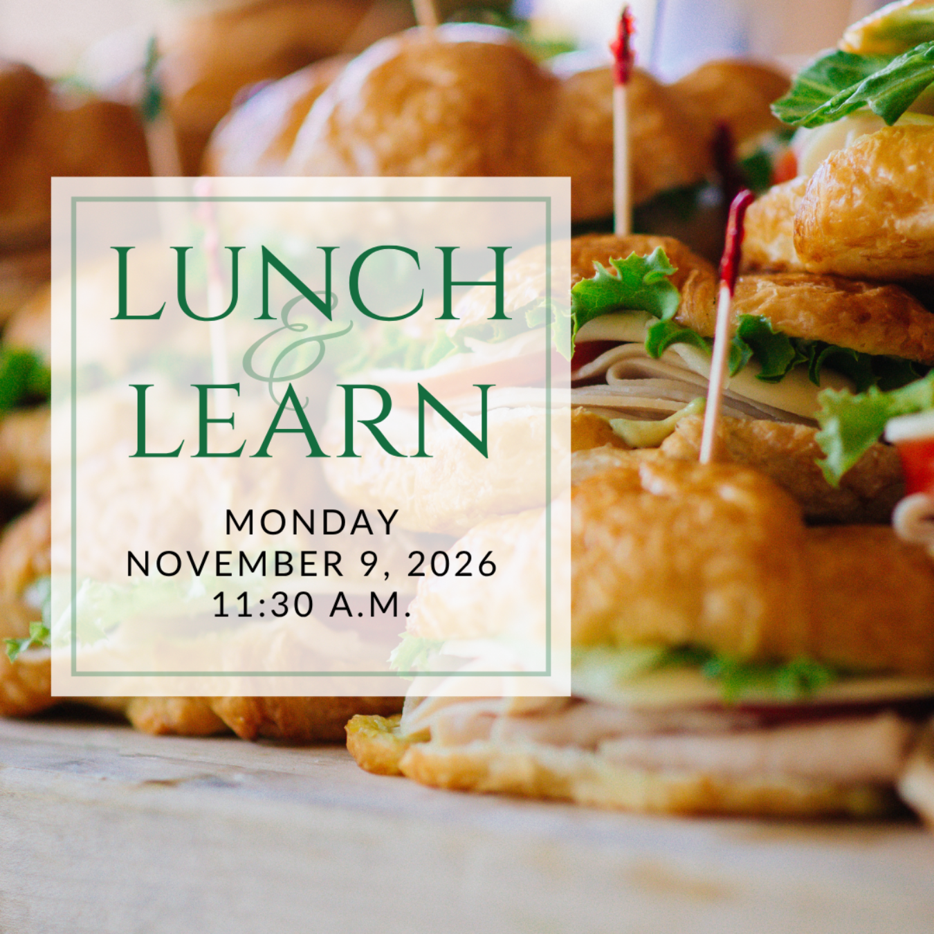 a plate of sandwiches on a table with the words lunch & learn on it