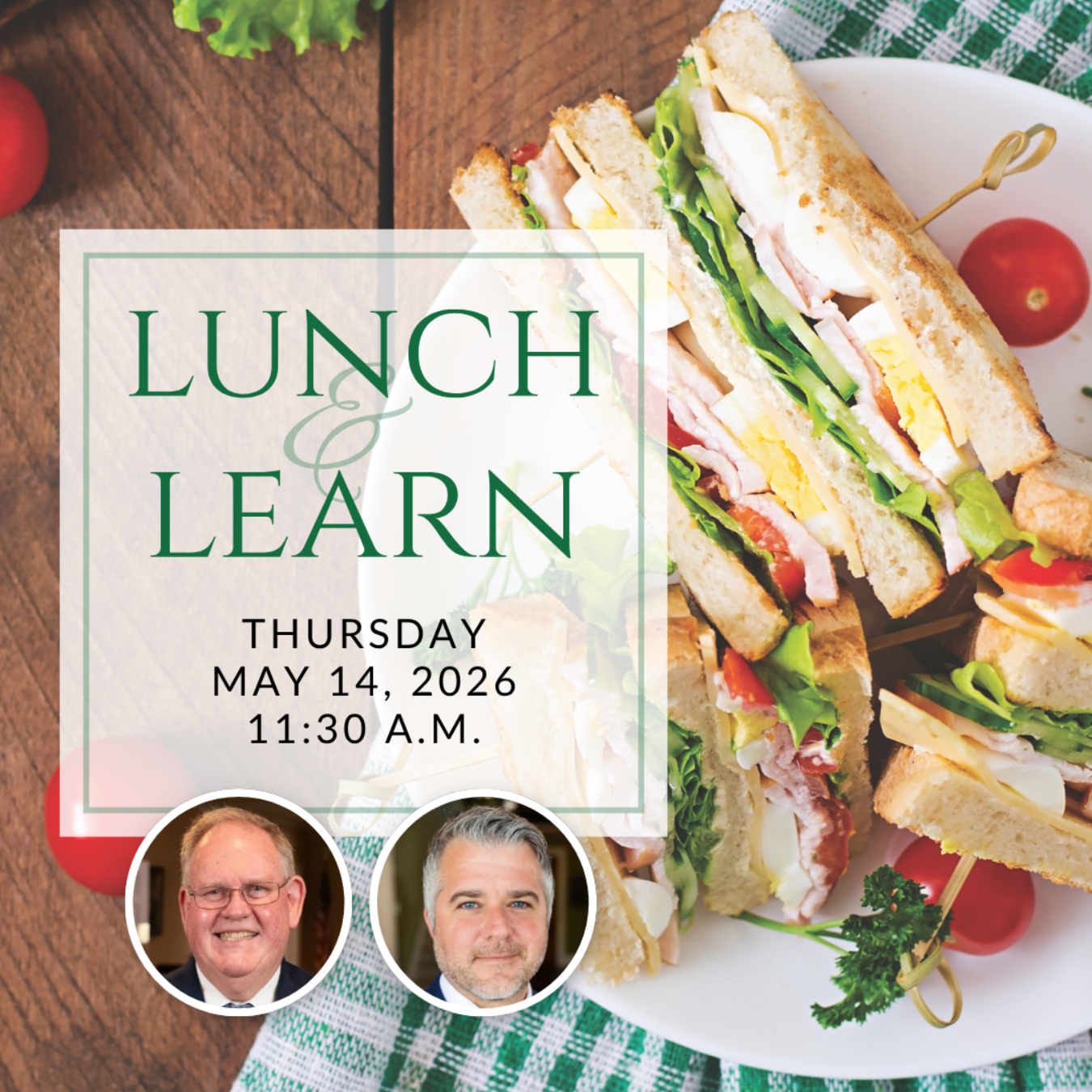 a plate of sandwiches on a table with the words lunch & learn on it