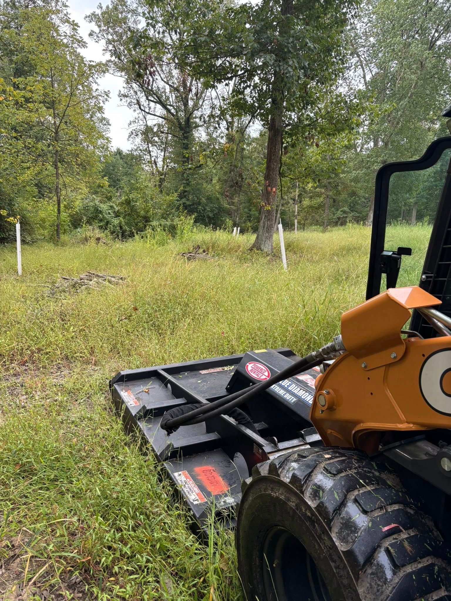 Orange tractor with mower cutting tall grass in a field with trees in the background.