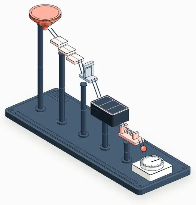 Marble machine: funnel, ramp, gate, box, spring and counter on a navy base