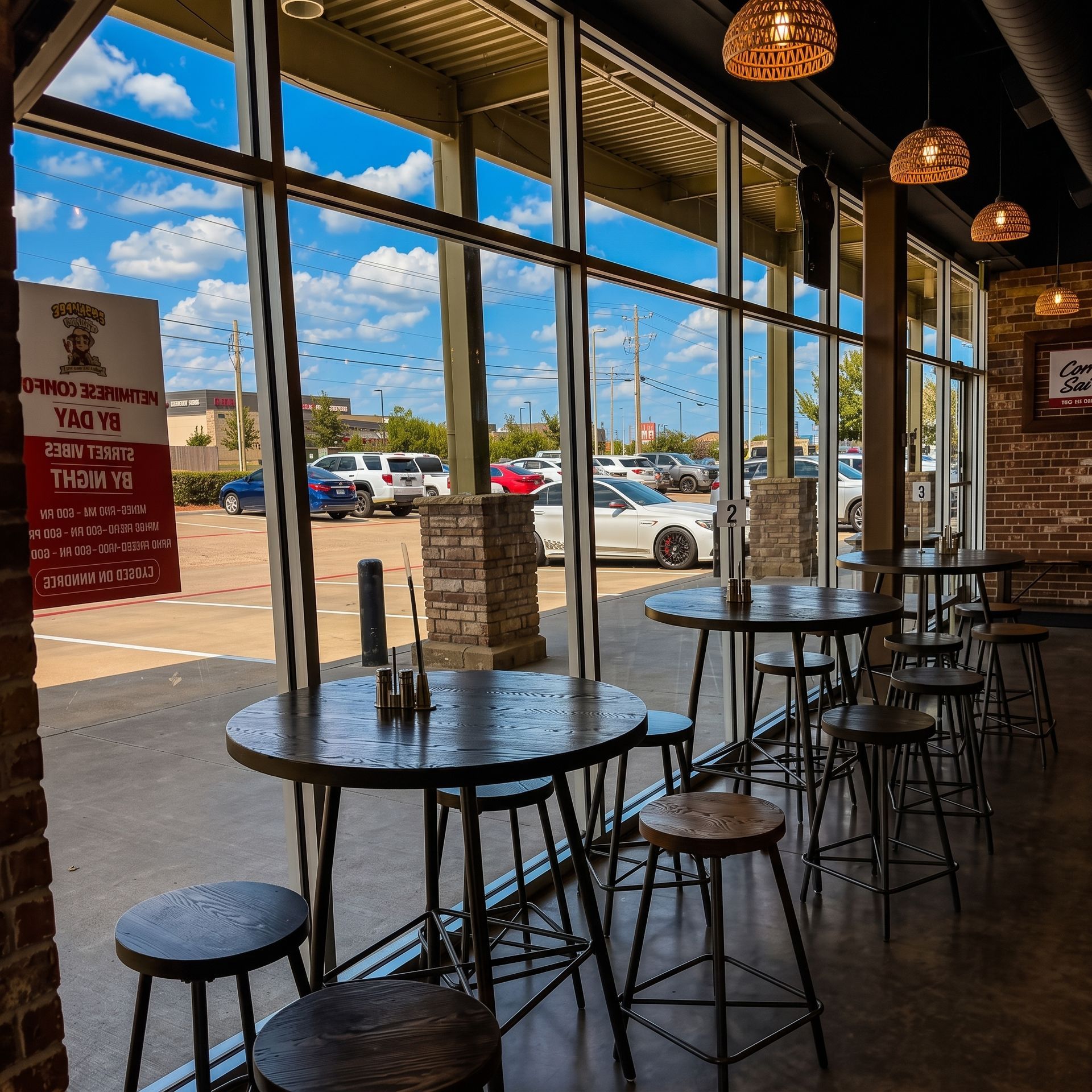 Cafe seating by large windows overlooking a parking lot, with round tables, stools, and hanging lights.