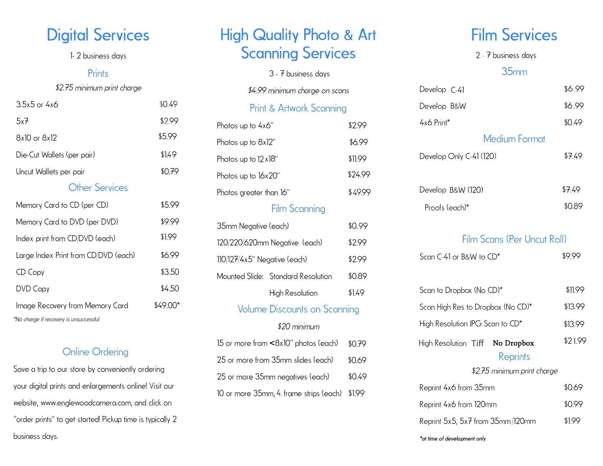 Film Services pricelist