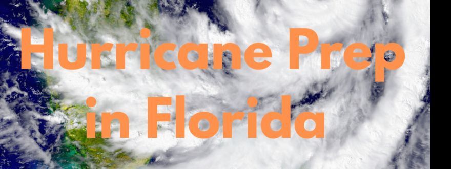 A satellite view of a swirling hurricane with the orange text