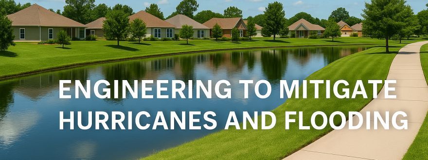 A suburban residential pond with manicured lawns and a walkway, overlaid with the text