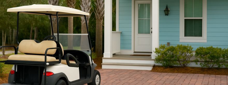 A white golf cart is parked on a paved driveway in front of a light blue house with a white front door and porch.