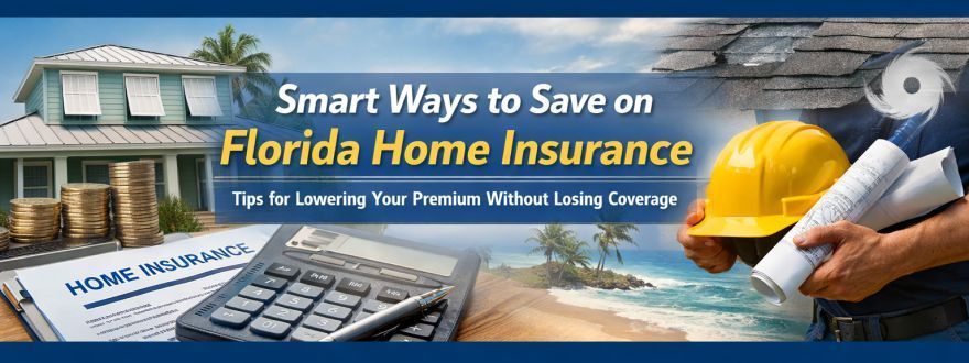 Banner for Florida home insurance savings, featuring a house, coins, calculator, and a construction worker with blueprints.