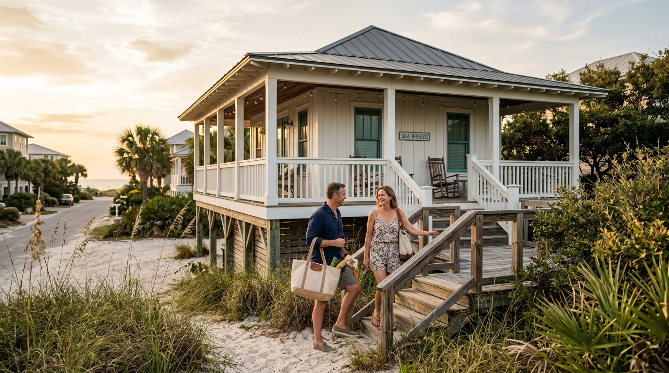 Couple climbing the wooden steps of a raised white beach cottage at golden hour with sea oats in front