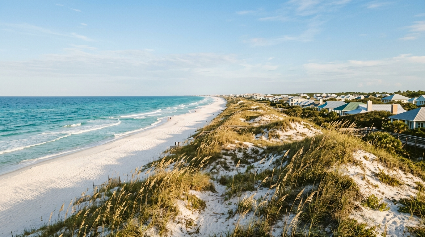 Wide view of a white-sand Gulf beach with turquoise water, sea-oat dunes, and coastal cottages in the distance