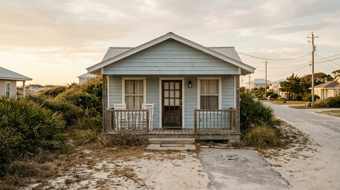 Empty pale clapboard Florida coastal cottage with drawn curtains and bare porch at golden hour, no cars in the driveway