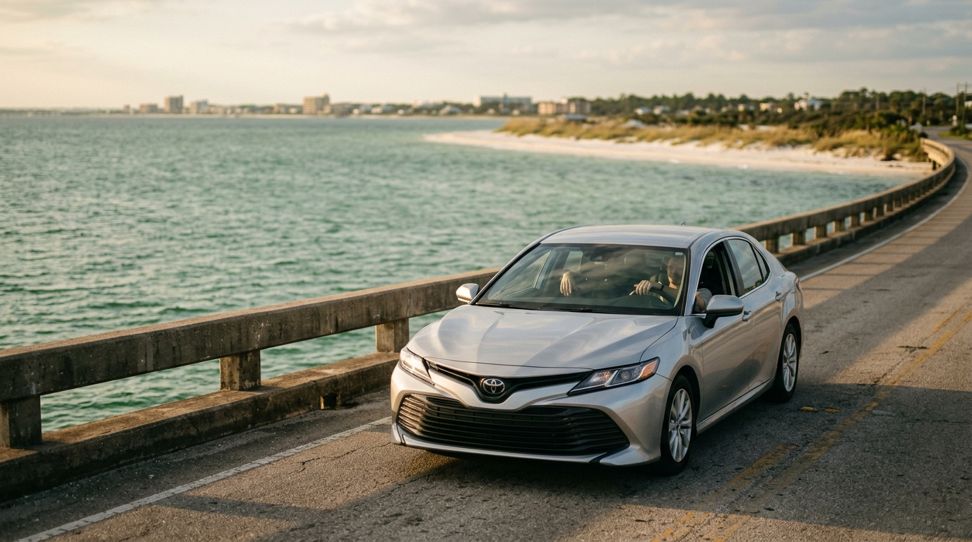 A silver sedan crossing a coastal causeway bridge over emerald-green sound water near Fort Walton Beach at golden hour
