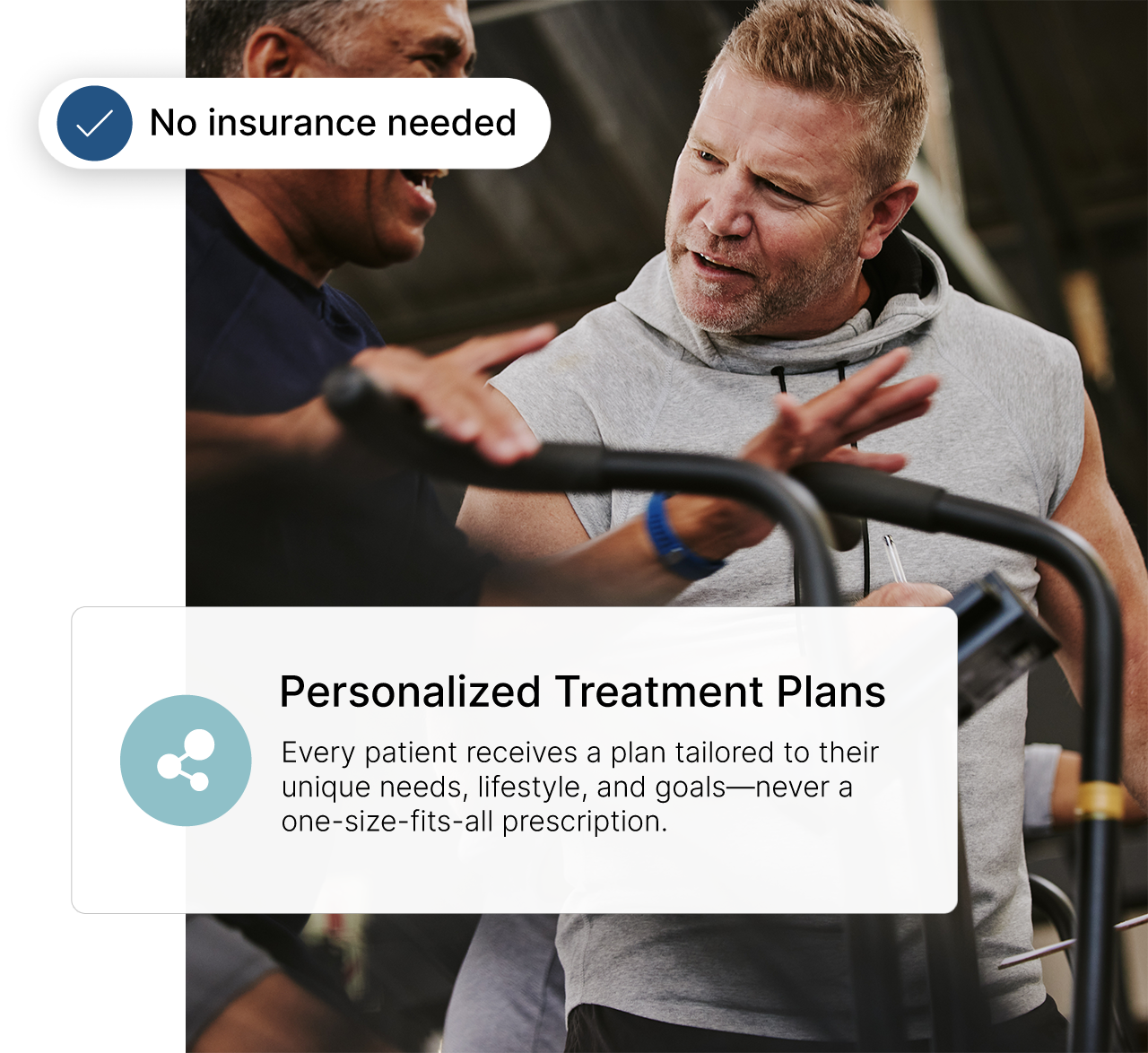 Physical therapist helping patient with exercise; overlay text says “No insurance needed” and “Personalized Treatment Plans”