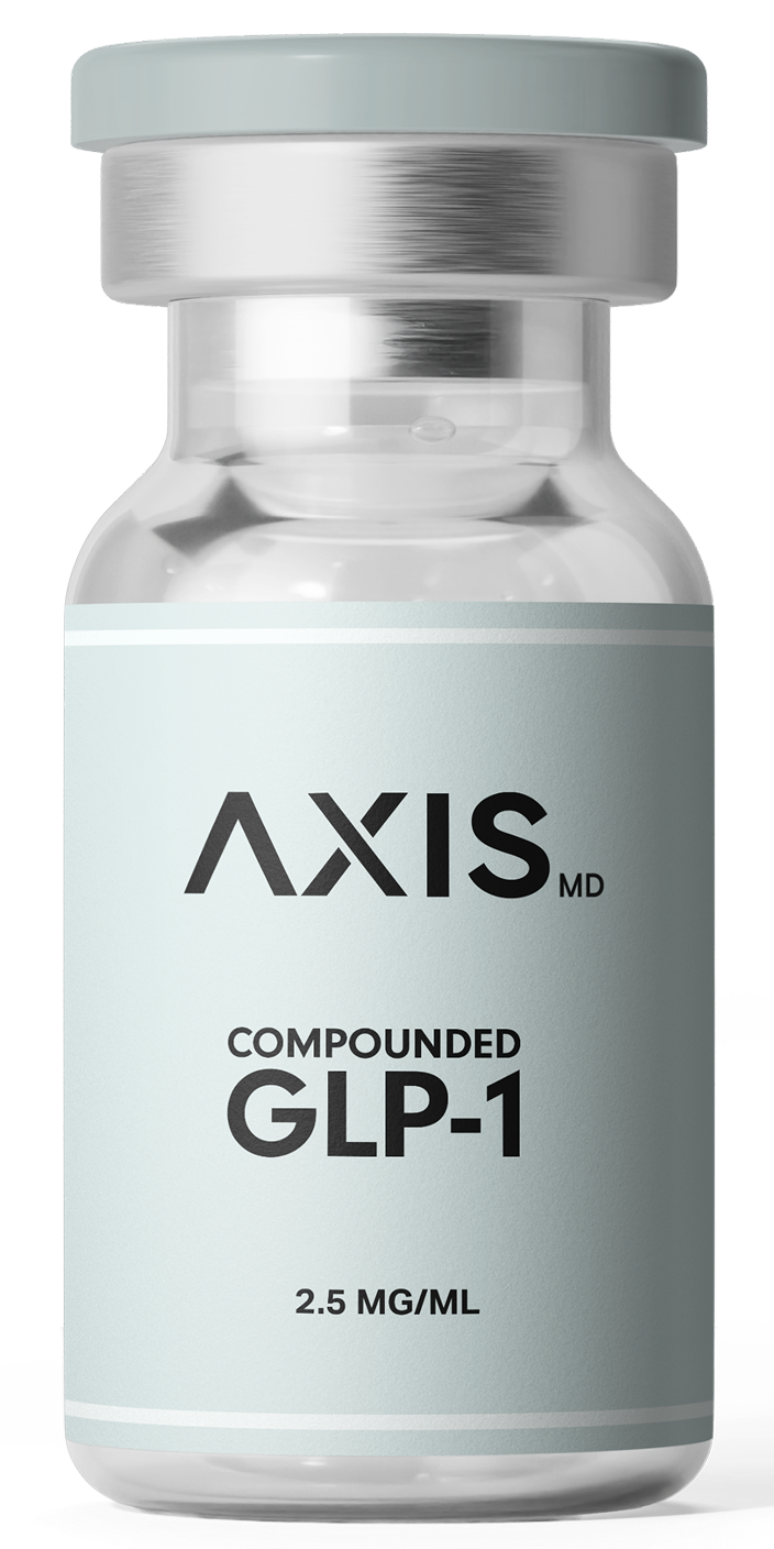 AXIS.nD compounded GLP-1 vial with gray cap and white label, 2.5 mg/mL
