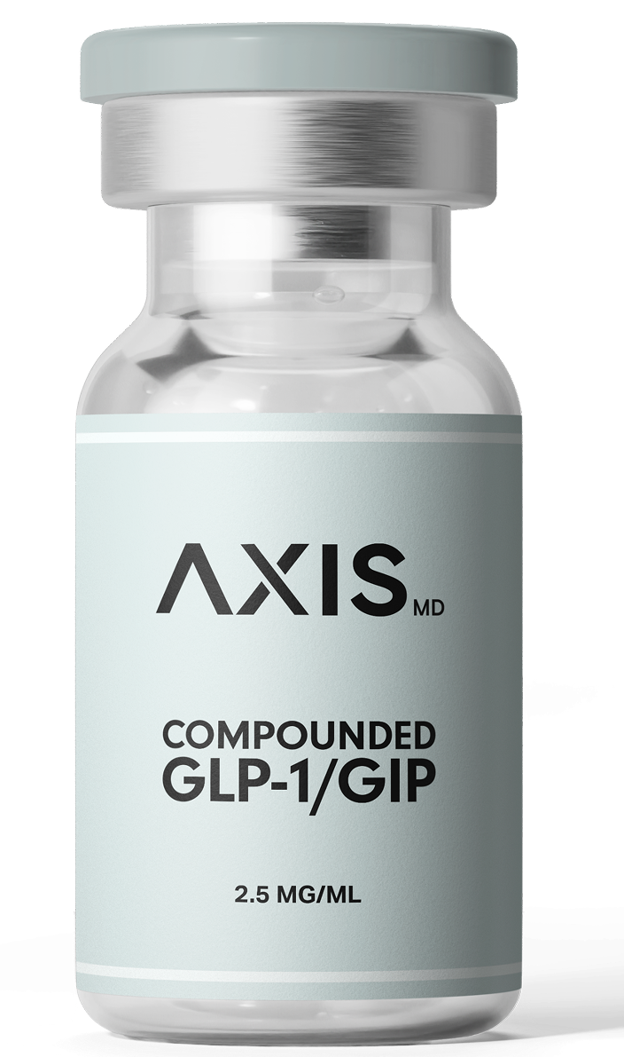 AXIS bottle labeled “Compounded GLP-1/GIP” with 2.5 mg/mL on a white background