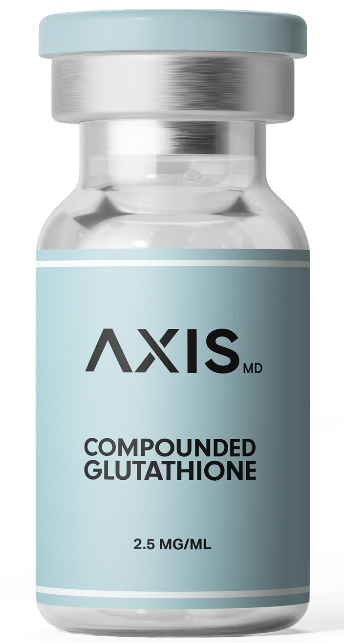 AXIS MD Compounded Glutathione vial with light blue label and cap, 2.5 mg/mL