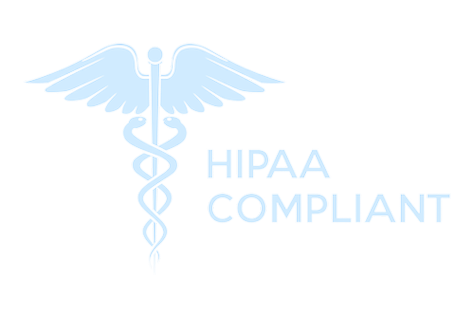 Light blue caduceus symbol with “HIPAA COMPLIANT” text on white background