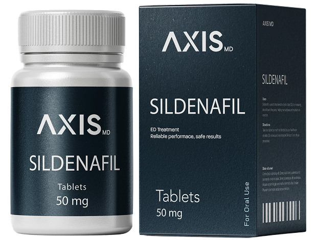 Axis sildenafil 50 mg tablets bottle and box, black and gray packaging on a white background