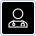 White outline of a person wearing a headset on a black square icon