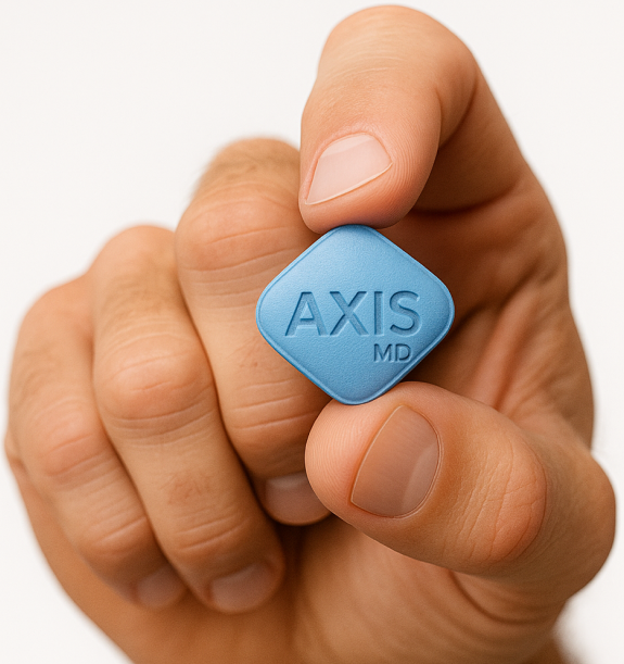 Hand holding a blue diamond-shaped AXIS MD tablet over a white background