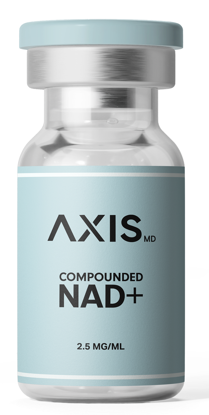 AXIS NAD+ compounded vial with light blue label and silver cap