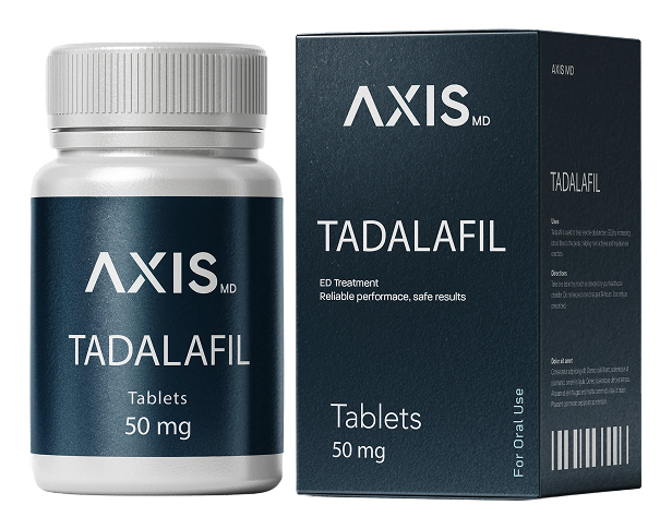 AXIS MD tadalafil 50 mg tablets bottle and box in dark gray packaging