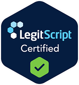 LegitScript Certified badge with blue hexagon, white text, and green check mark