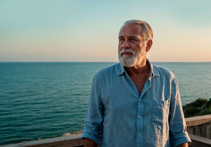 Man standing by the sea at sunset, wearing a blue shirt, looking into the distance.