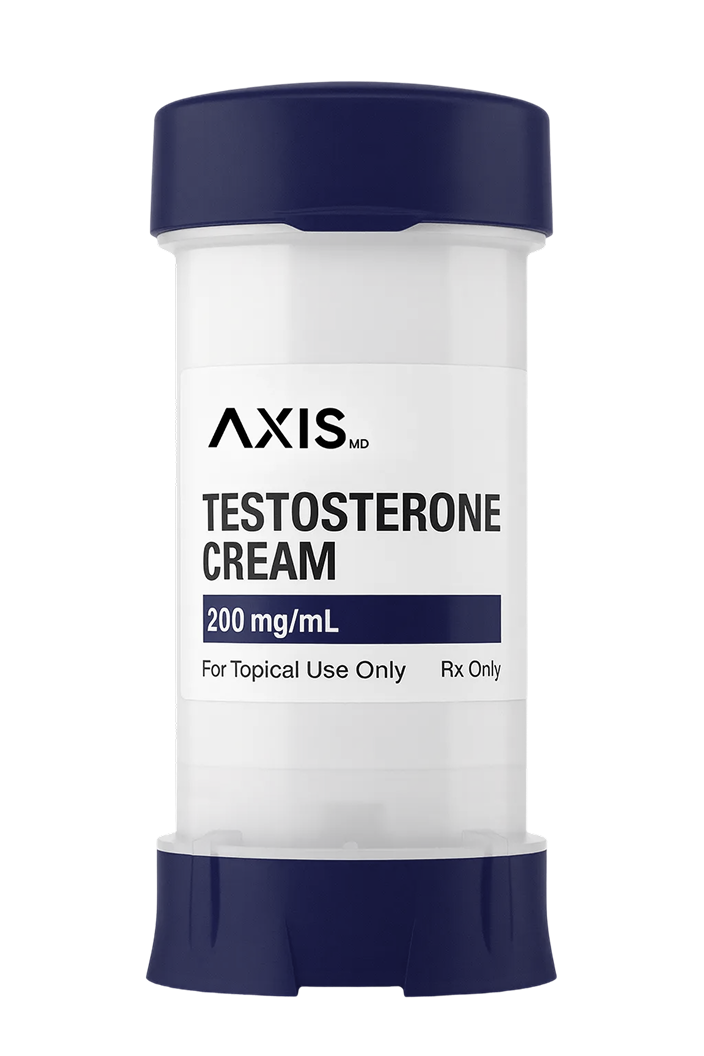 AXIS testosterone cream bottle with dark blue cap and base, labeled 30 mg/mL