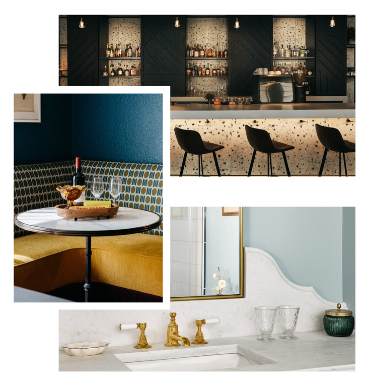 Collage of interior design details: bar, booth seating with yellow cushions, sink with gold fixtures.