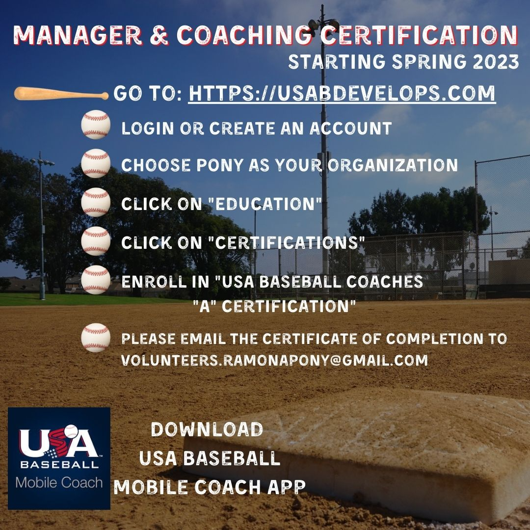 Manager and coaching certification flyer with website steps and baseball field background