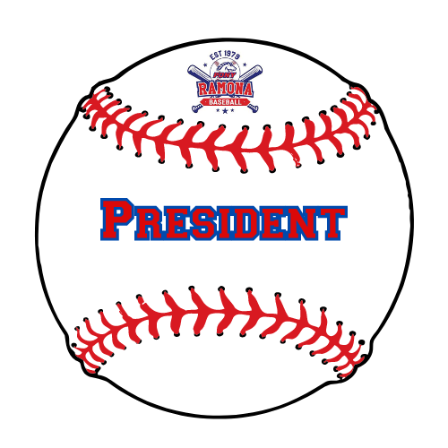 White baseball with red stitching and blue-red “President” text centered on it.