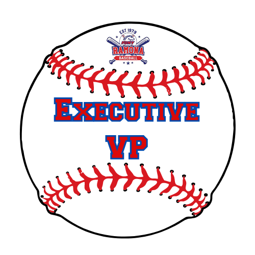 White baseball with red stitching and bold red-and-blue text reading “Executive VP.”