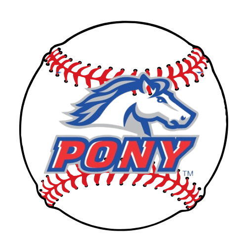PONY baseball logo with blue horse head and red stitching on a white baseball background