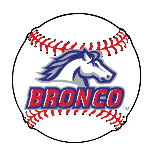 Bronco baseball logo with blue horse head and red “BRONCO” text inside a stitched baseball shape