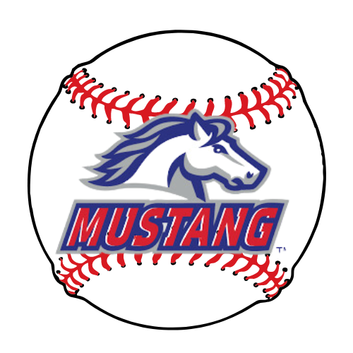 Blue horse mascot over red “MUSTANG” text inside a baseball graphic