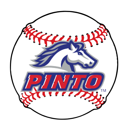 Pinto baseball logo with a blue-and-white horse head over red stitching on a white ball