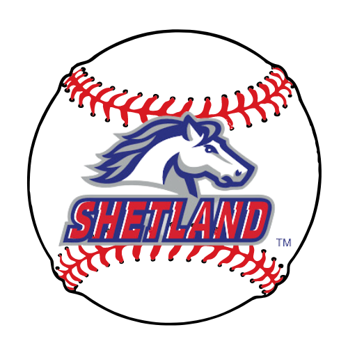 Shetland baseball logo with blue horse head and red stitching on a white ball