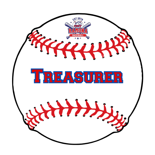Baseball with red stitching and the word “Treasurer” in blue and red text