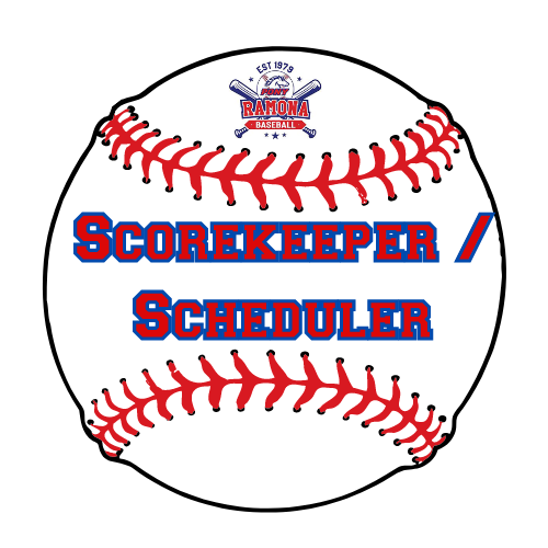 Scorekeeper Scheduler logo on a white baseball with red stitching and blue-red text