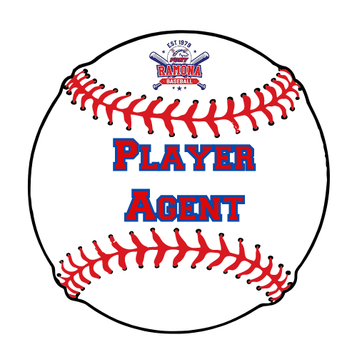 Baseball with red stitching and bold blue-red text reading “Player Agent”