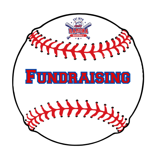 Baseball with red stitches and blue-red “Fundraising” text on white background