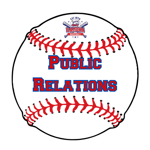 Baseball graphic with the words “Public Relations” in blue and red