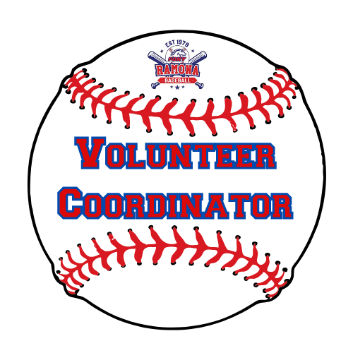 Baseball graphic with red stitching and blue-red text reading “Volunteer Coordinator”