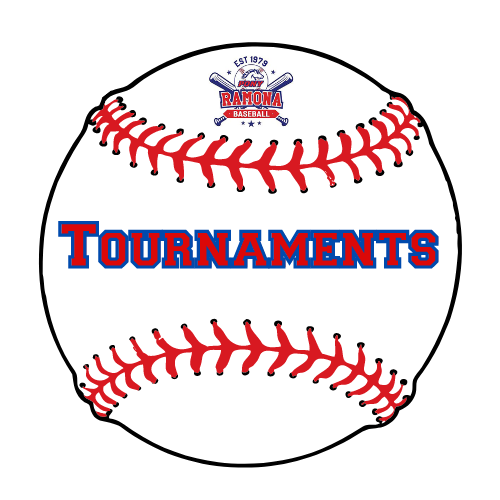 White baseball graphic with red stitching and blue-red “TOURNAMENTS” text in the center