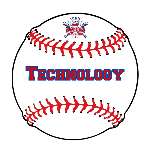 Baseball with red stitching and the word “TECHNOLOGY” in blue and red lettering