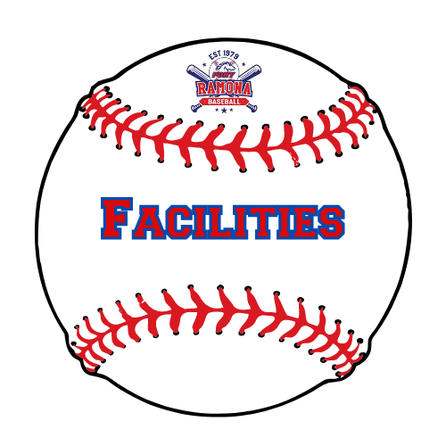 Baseball graphic with “Facilities” text in red and blue on a white ball