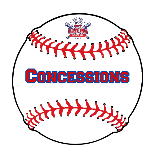 White baseball with red stitching and blue-red “CONCESSIONS” text in the center.
